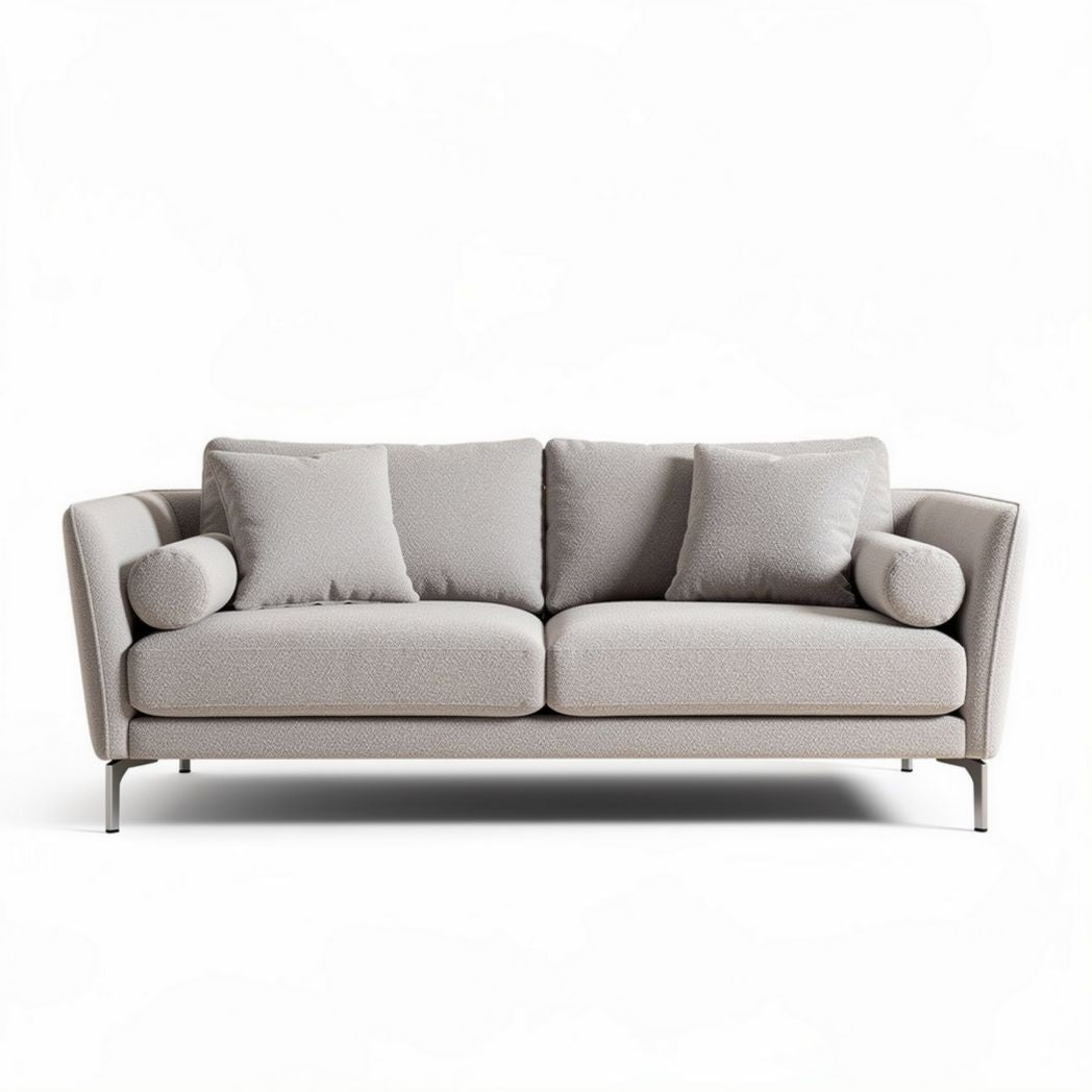 Fabric upholstered sofa in light gray with two accent pillows 200 x 90 x 85cm