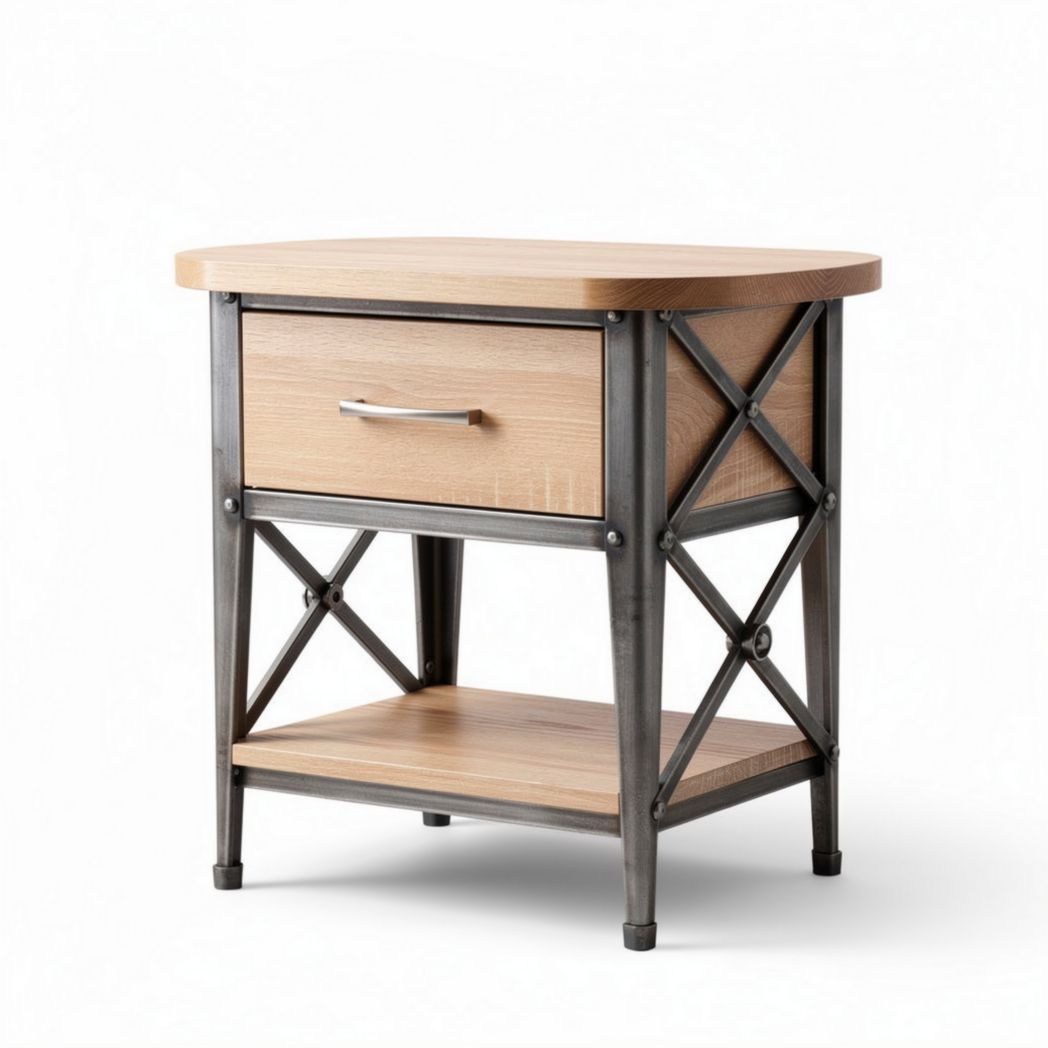 Wooden nightstand with metal frame and drawer for bedroom storage 60 x 40 x 55cm