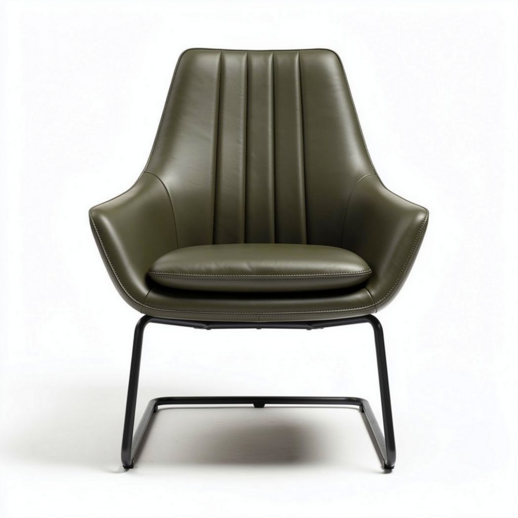 Leather accent chair with steel frame in olive green 80 x 70 x 85cm