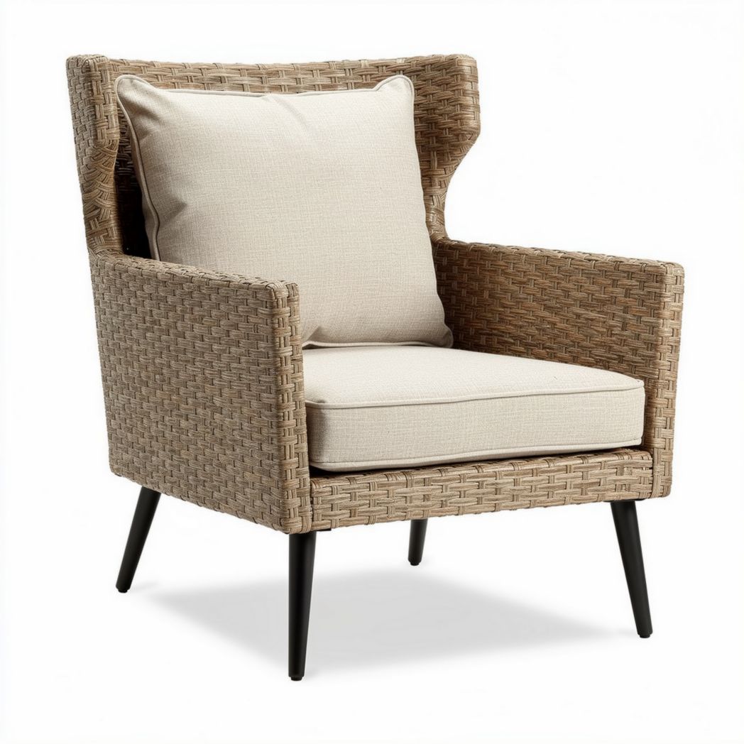 Woven patio chair with beige cushion and black metal legs 80 x 70 x 90cm