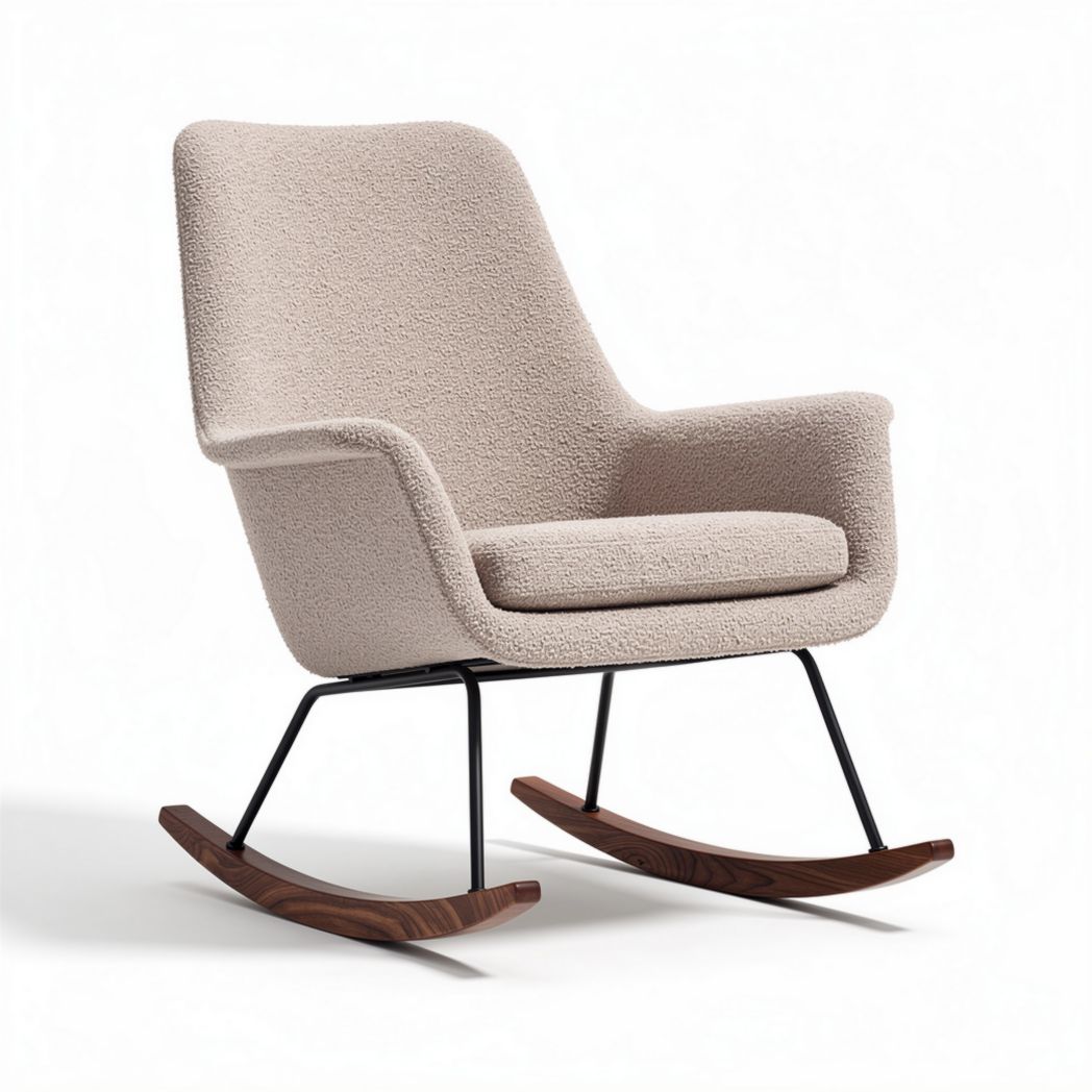 Rocking chair in beige fabric with metal and wood base for relaxation