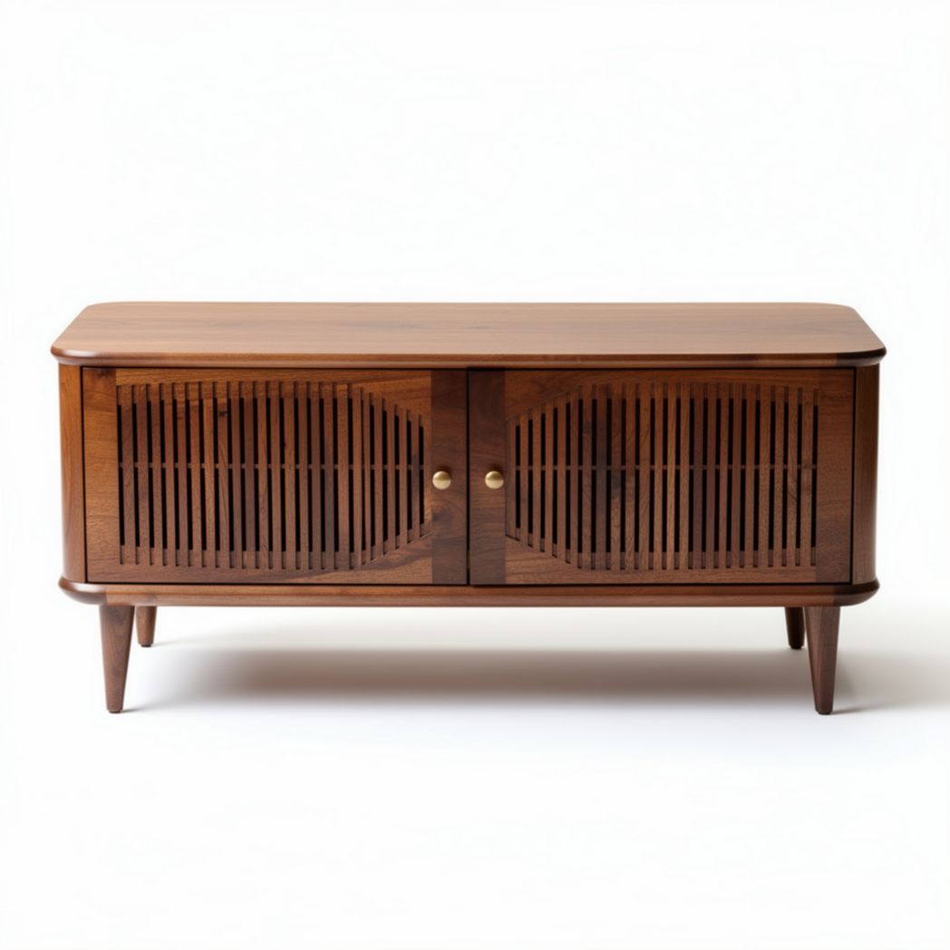 Mid-century modern wooden media console with sliding doors 48 x 16 x 24 inch