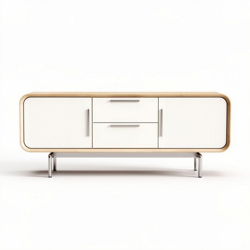 Wooden media console with storage drawers in white and natural finish 150 x 45 x 60cm