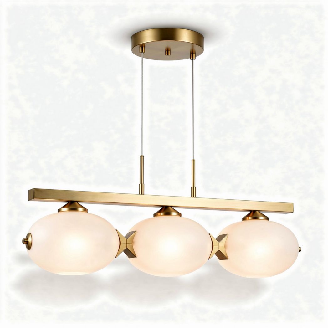 Three-light modern pendant lamp with frosted glass globes and brass finish
