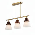 Three-light pendant fixture with frosted glass shades and wooden accents