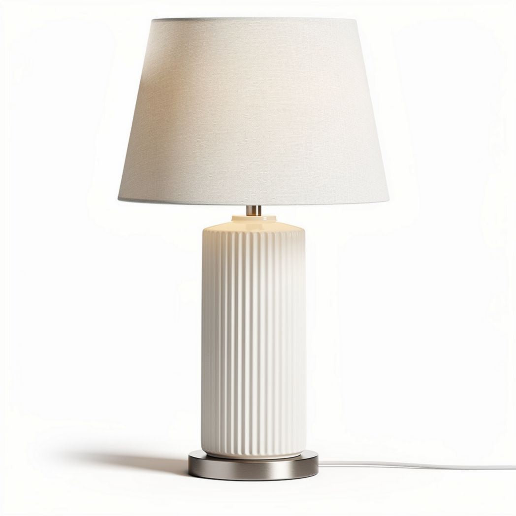 Table lamp with white fabric shade and ribbed ceramic base 25 x 25 x 45cm