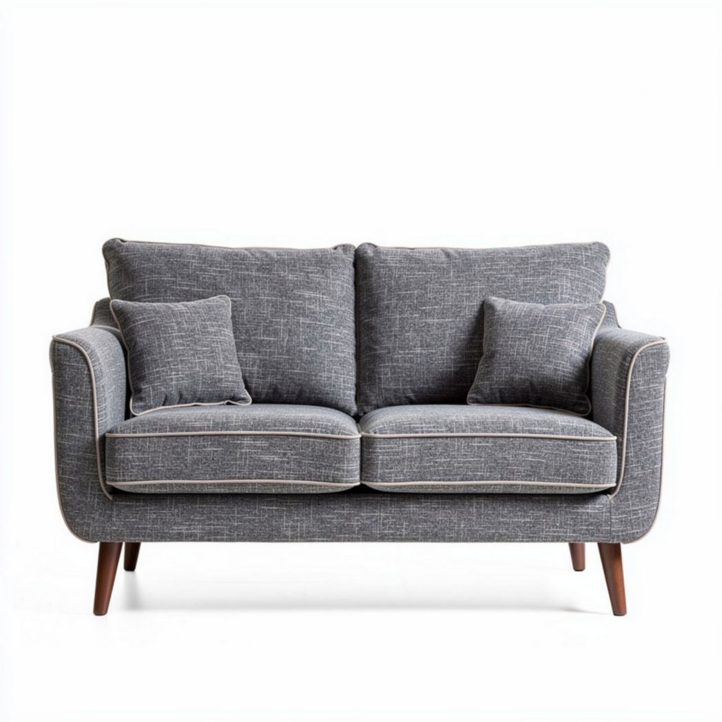 Two-seater sofa in gray fabric with decorative cushions and wooden legs