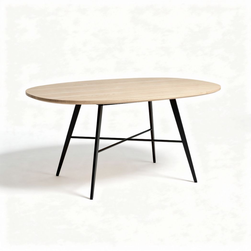 Oval dining table with wooden top and black metal legs 120 x 80 x 75cm