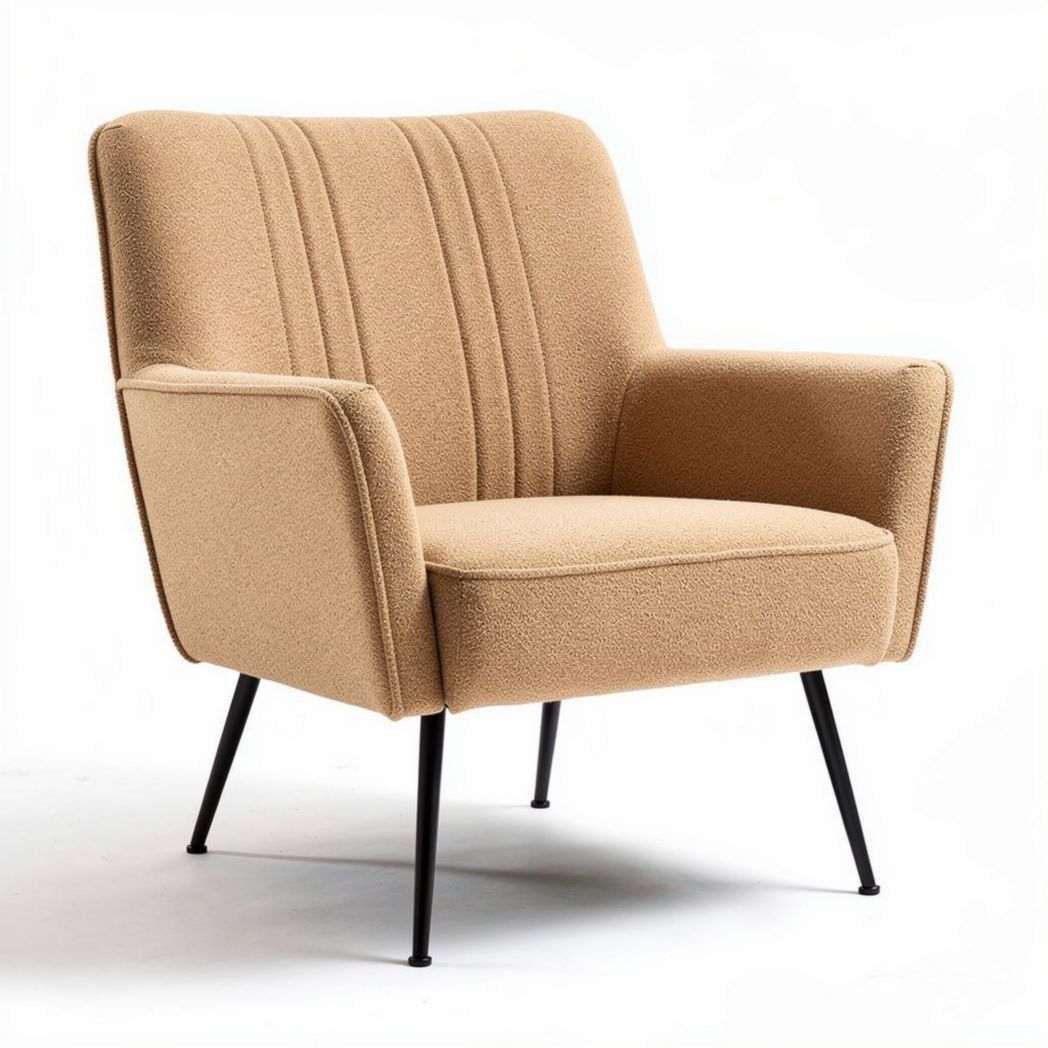 Mid-century style lounge chair in beige fabric with black metal legs 75 x 75 x 80cm